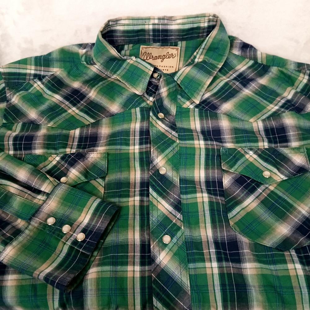 Wrangler Mens Western Fashion Snap Shirt Green Plaid Long Sleeve 2XL